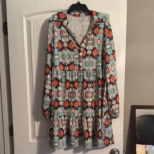 Boho Floral Tiered Long Sleeve Dress - Orange & Teal